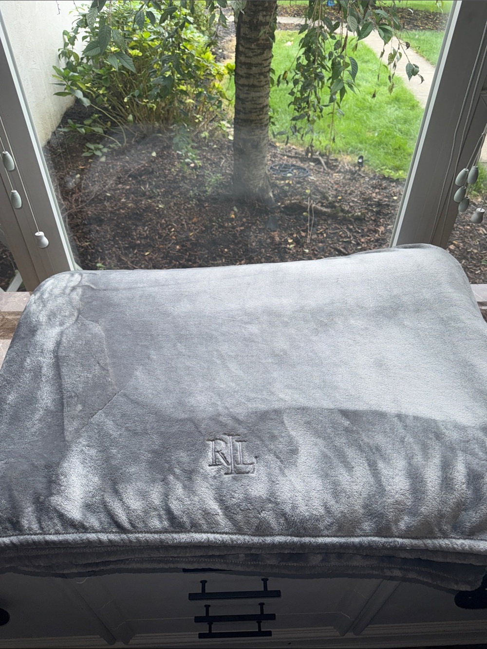 Ralph Lauren Gray Plush RL Embroidered Throw